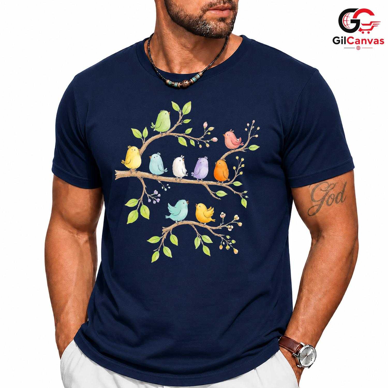 Colorful Bird Floral Tee Shirt Spring Event Cute Nature Unisex Graphic Tee