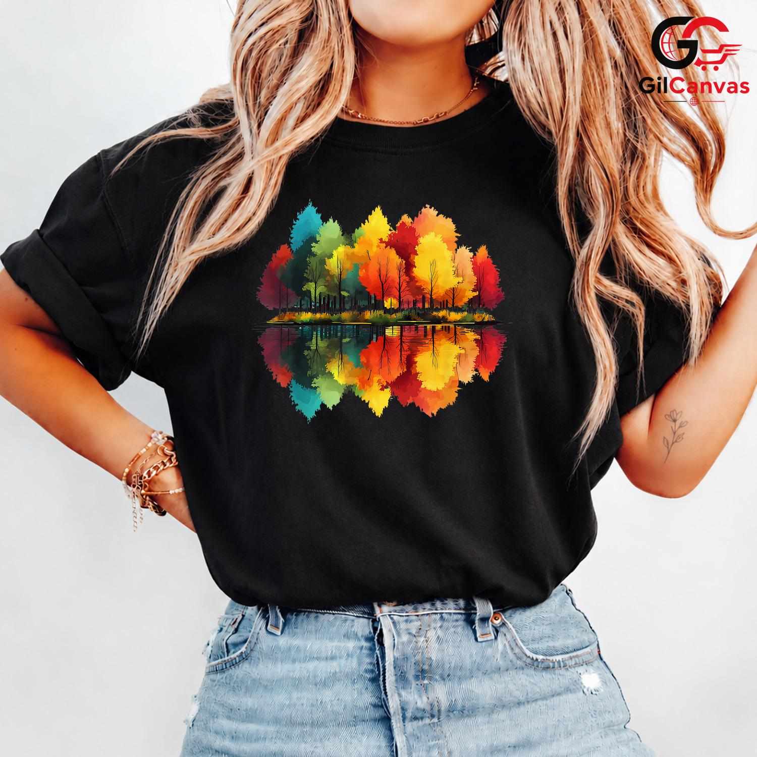 Colorful Tree Reflection Shirt Unisex Perfect Nature Lover Fall Season Gift