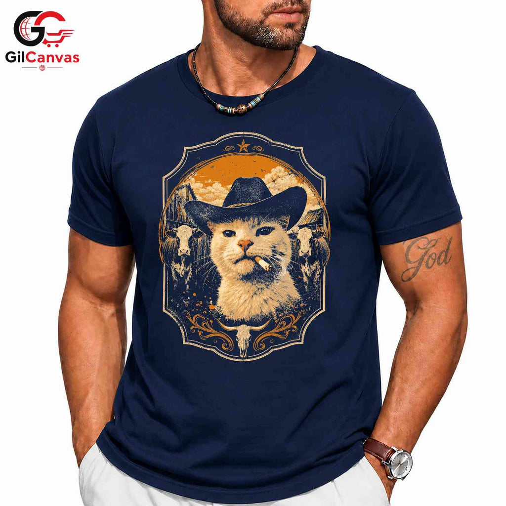 Country Funny Cat T-Shirt Unisex Animal Lover Theme Feline Graphic Casual Apparel