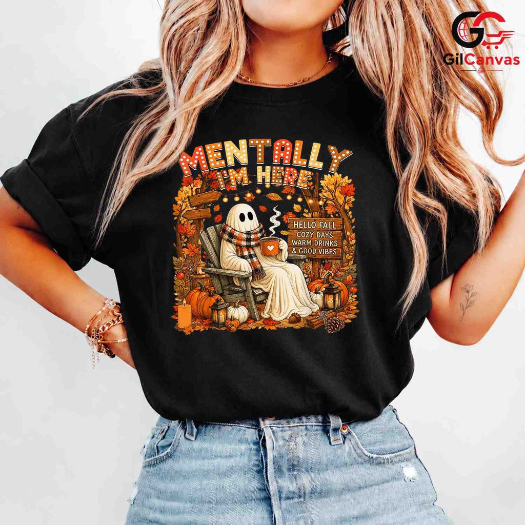 Cozy Ghost Character T-Shirt Unisex Spooky Fall Halloween Gift Adults Teens