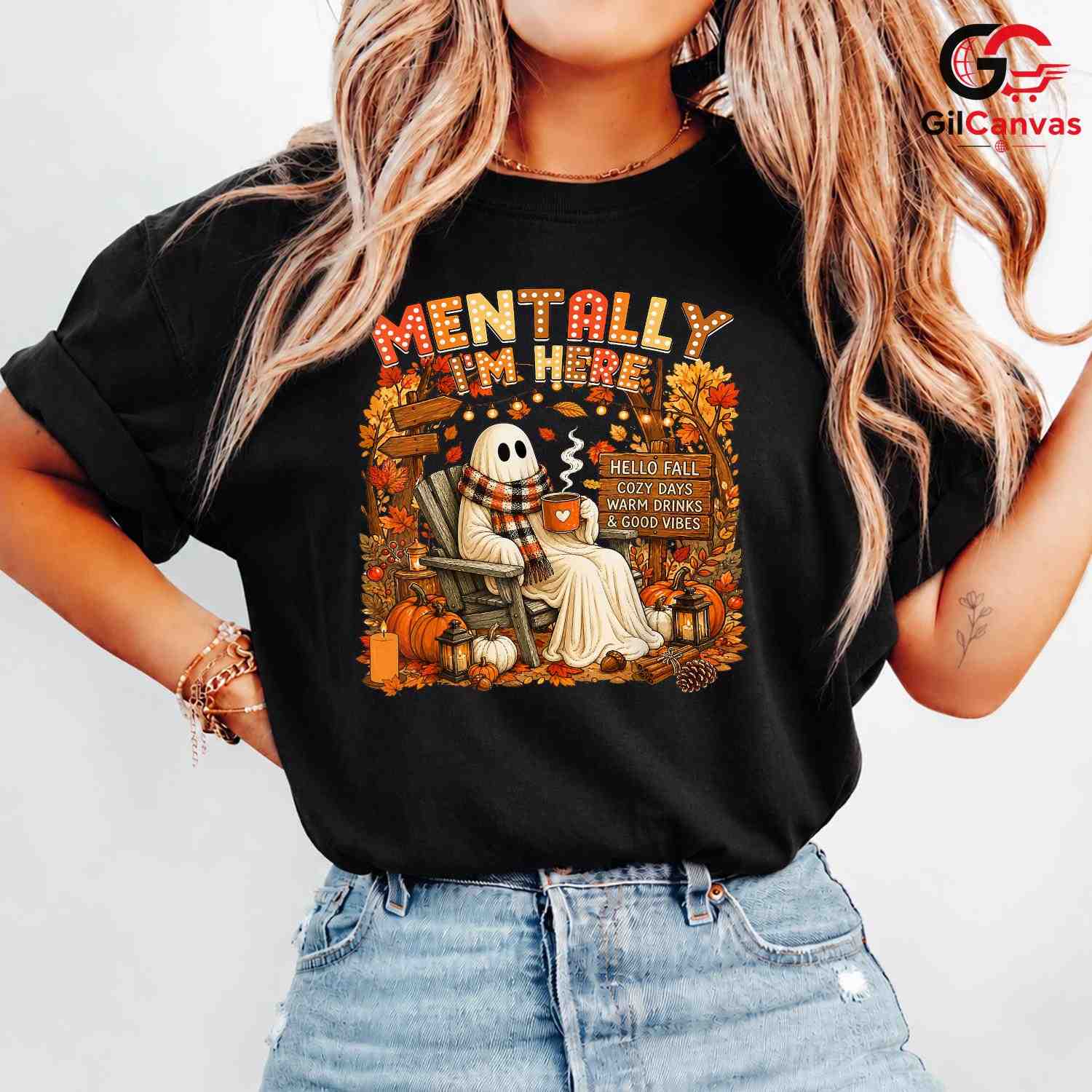 Cozy Ghost Character T-Shirt Unisex Spooky Fall Halloween Gift Adults Teens