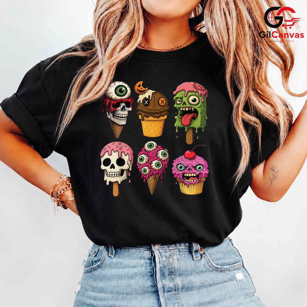 Creepy Ice Cream Skull T-Shirt Unisex Cool Halloween Party Gift Teens Adults