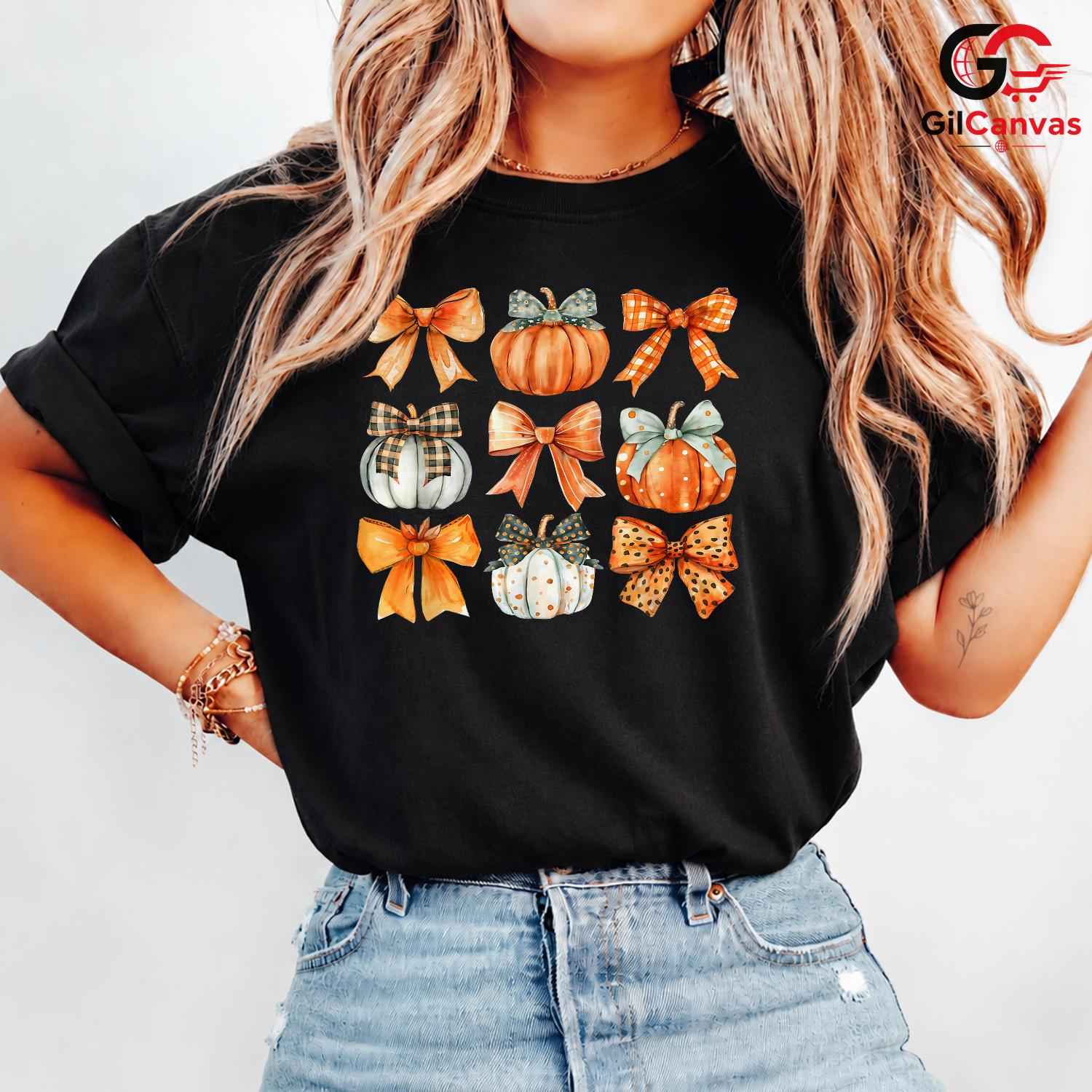 Cute Autumn Pumpkin Bow Fall T-Shirt Unisex Thanksgiving Plaid Harvest Gift