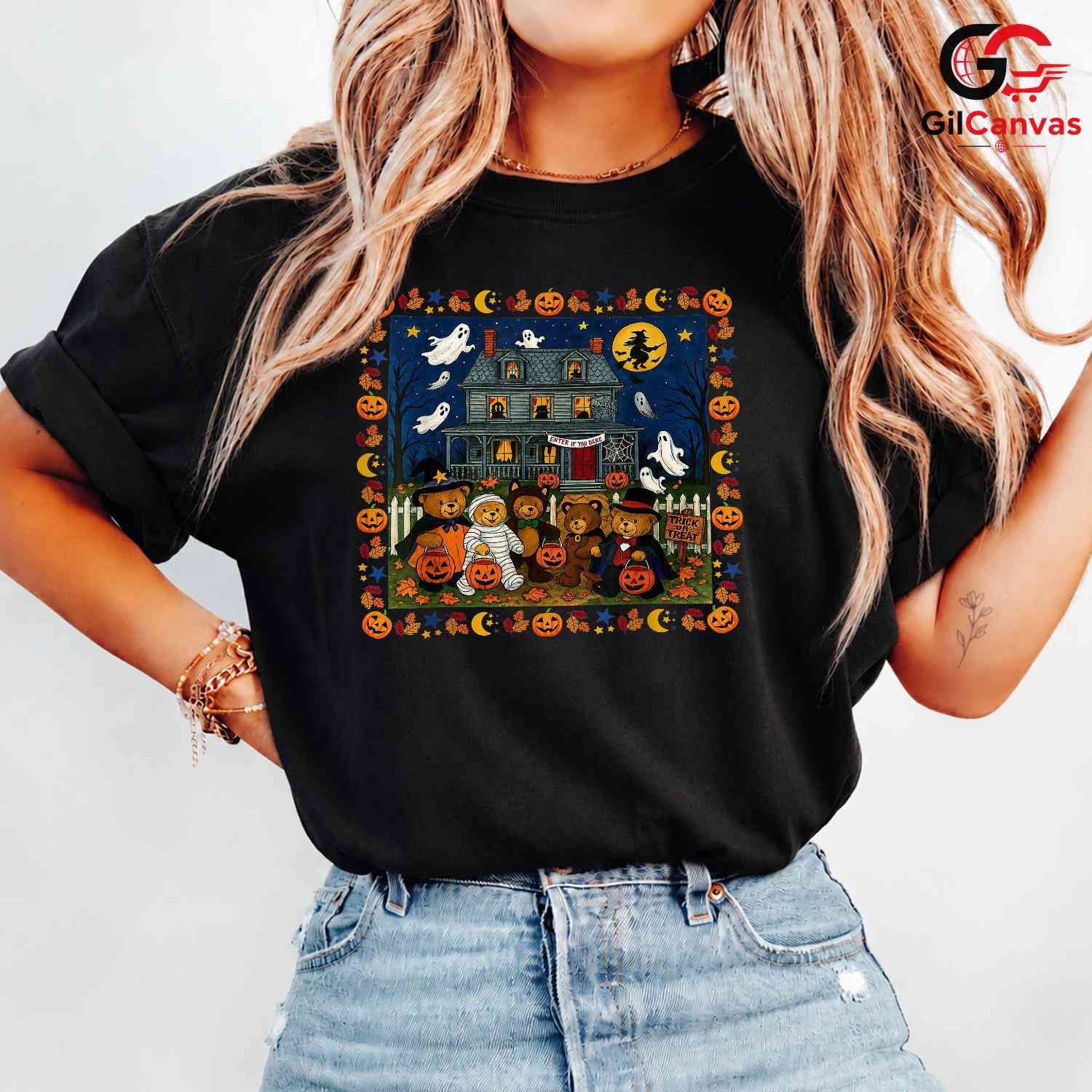 Cute Bear Pumpkin Fall Tee Shirt Unisex Spooky Halloween Gift Kids And Adults