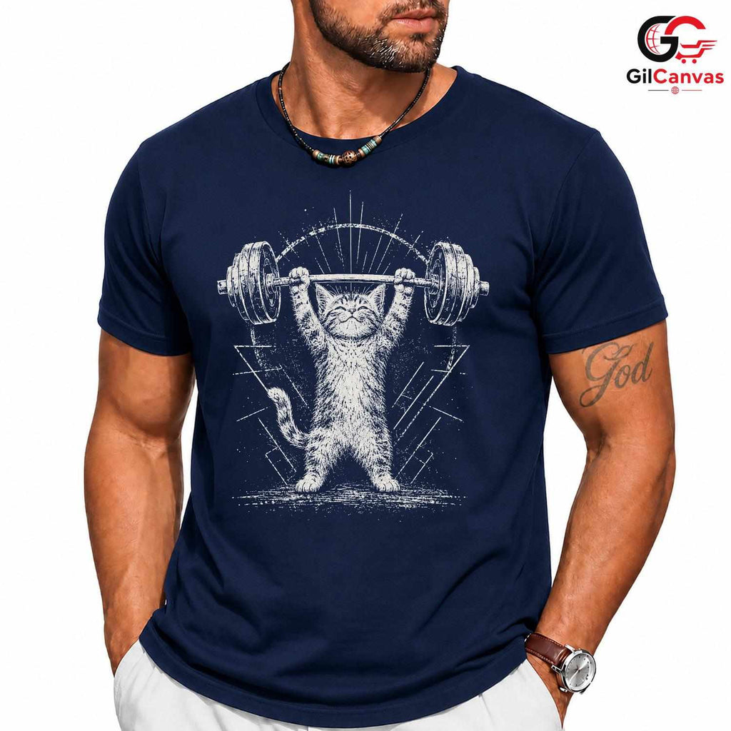 Cute Cat Barbell Workout T-Shirt Gym Fitness Lover Gift Unisex Graphic Apparel