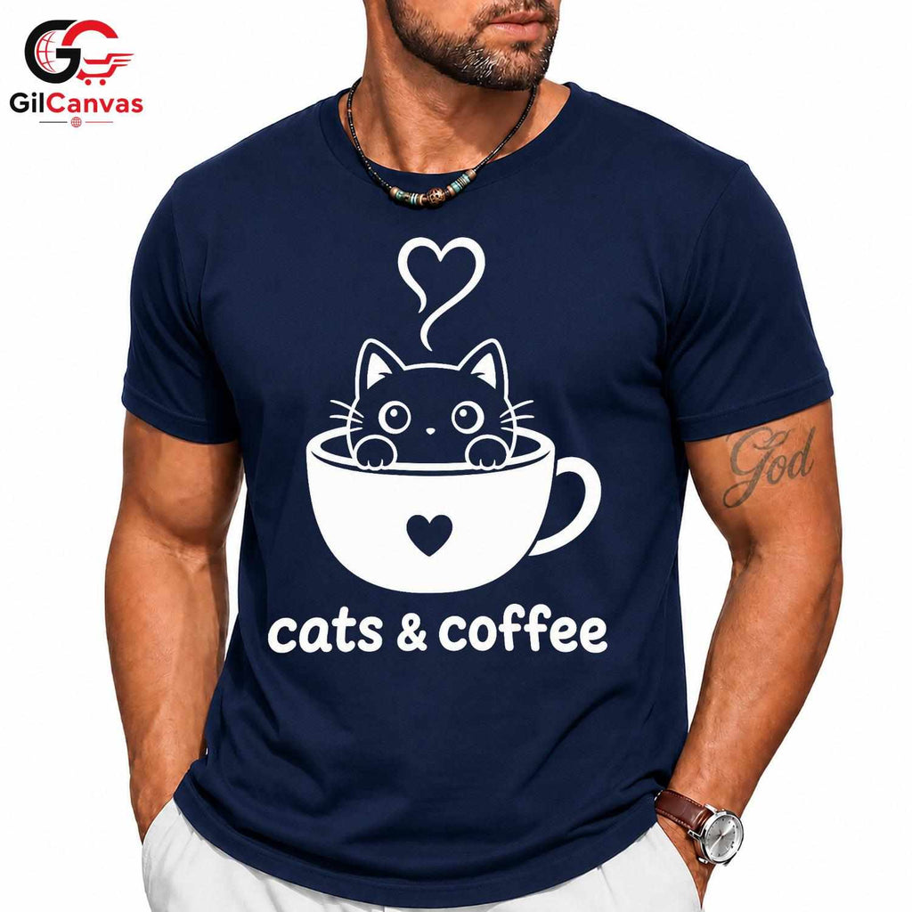 Cute Cat Coffee T-Shirt Feline Lover Perfect Occasion Custom Graphic Unisex