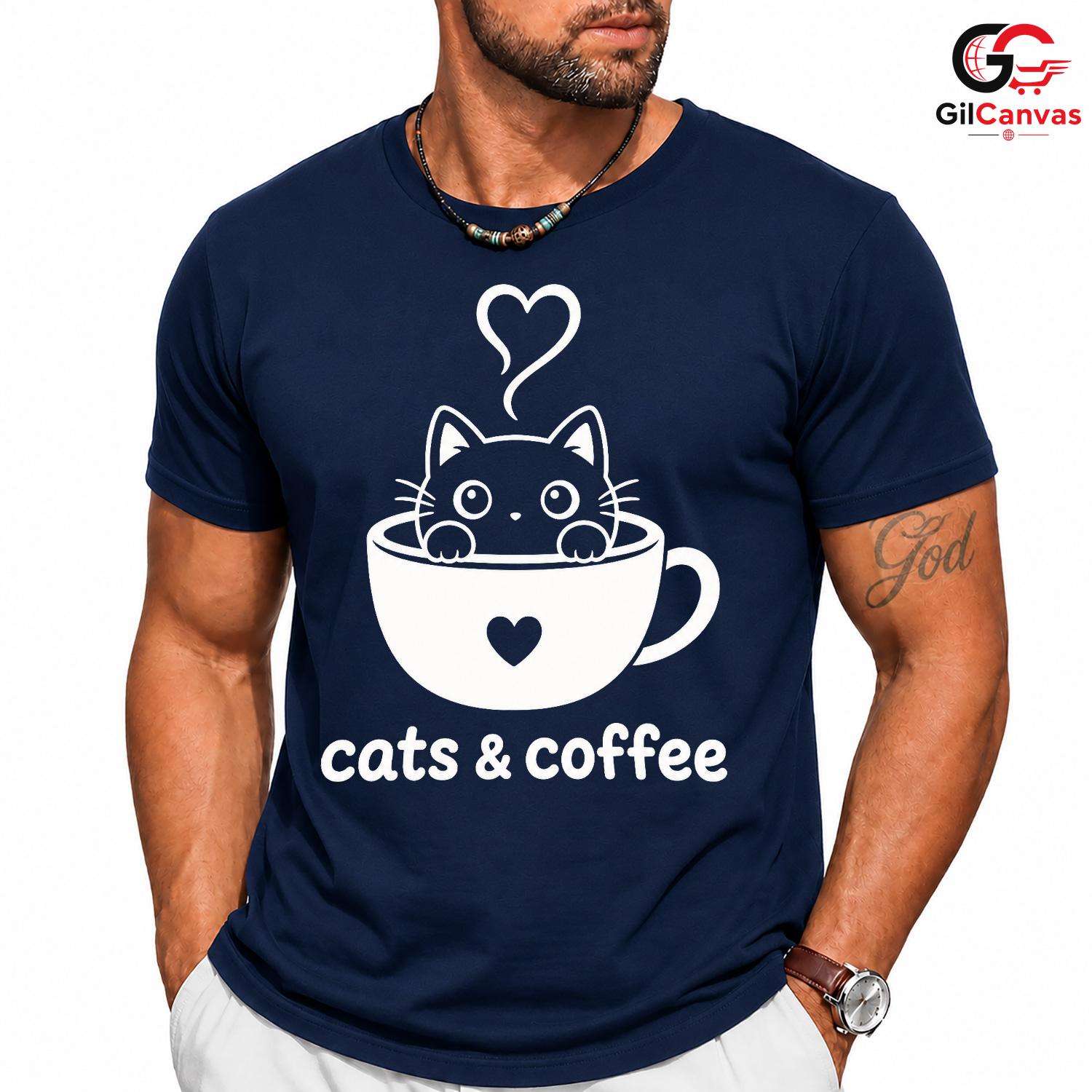 Cute Cat Coffee T-Shirt Feline Lover Perfect Occasion Custom Graphic Unisex