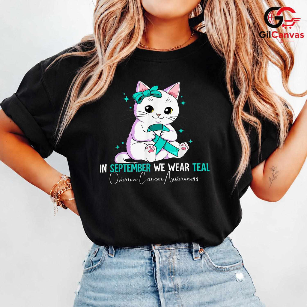 Cute Cat Ovarian Cancer Shirt Unisex September Awareness Ribbon Gift For All