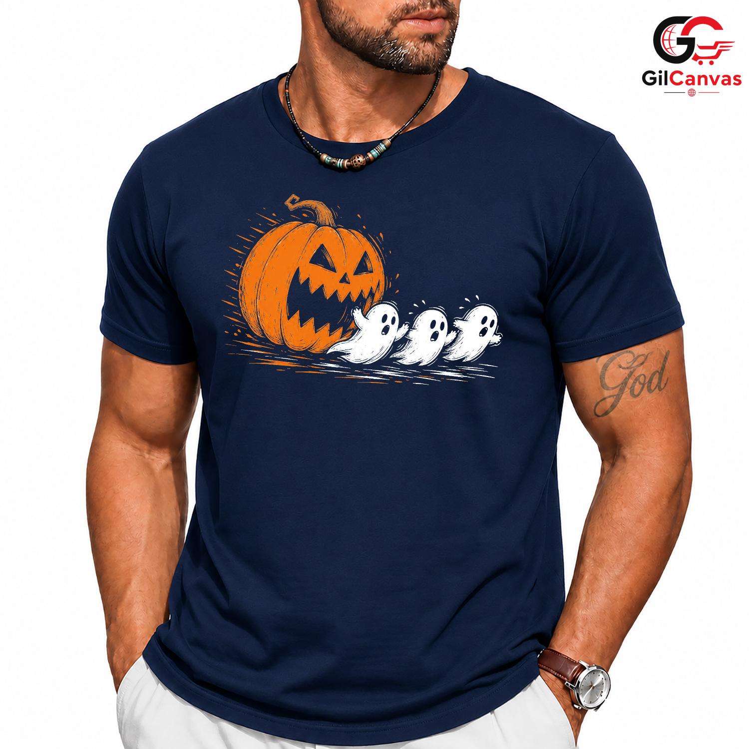 Cute Ghost Pumpkin T-Shirt Halloween Perfect Kids Fun Graphic Tee Boys Girls