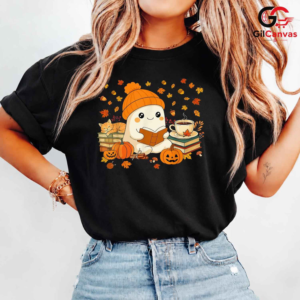 Cute Ghost Reading T-Shirt Unisex Spooky Halloween Book Gift Kids And Teens