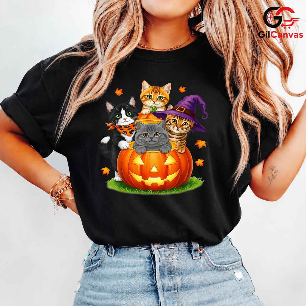 Cute Kitten Pumpkin Tee Shirt Unisex Fun Halloween Cat Lover Gift For Kids