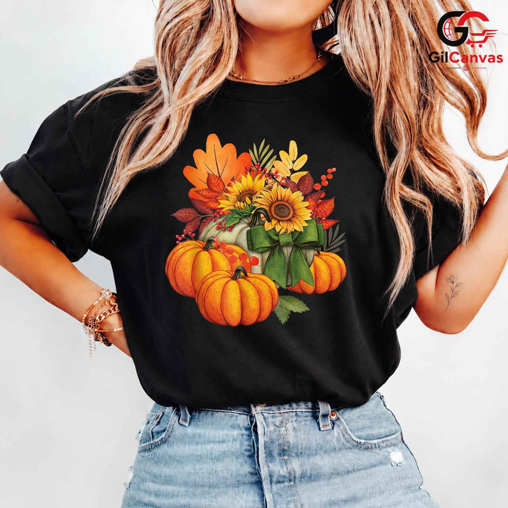 Fall Floral Pumpkin T-Shirt Unisex Autumn Season Gift For Women And Teens