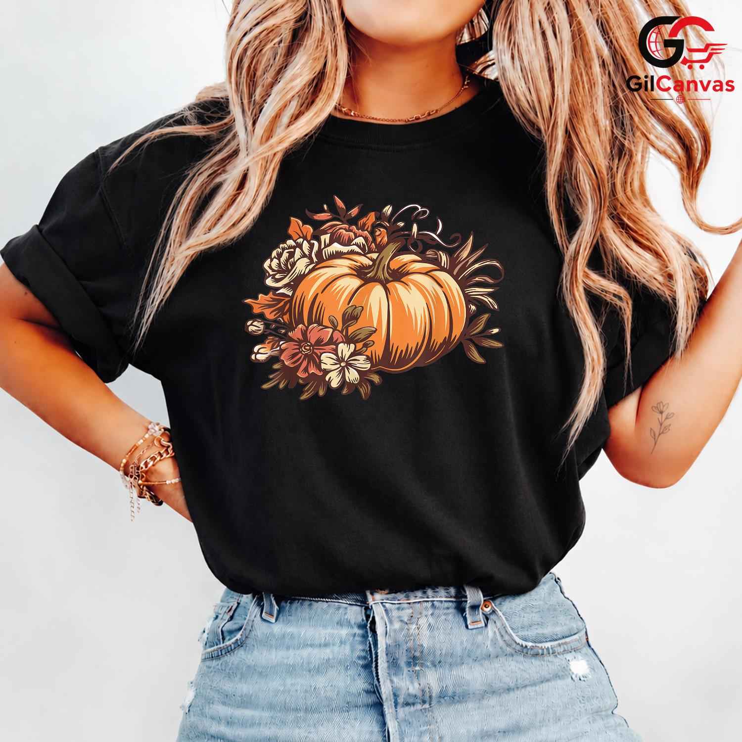 Fall Floral Pumpkin T-Shirt Unisex Perfect Autumn Season Gift Men And Women