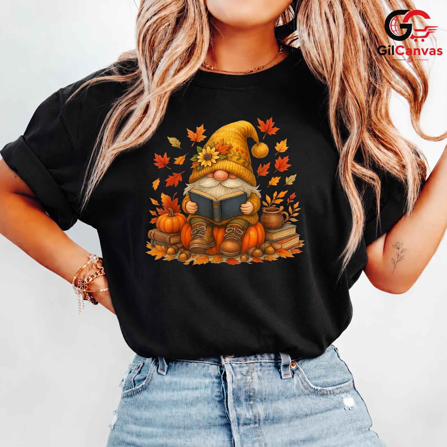 Fall Reading Gnome T-Shirt Unisex Cute Autumn Book Lover Enthusiast Gift
