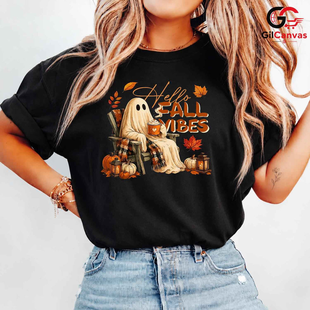Fall Vibes Ghost Halloween Tee Unisex Spooky Autumn Lover Gift Kids Adults