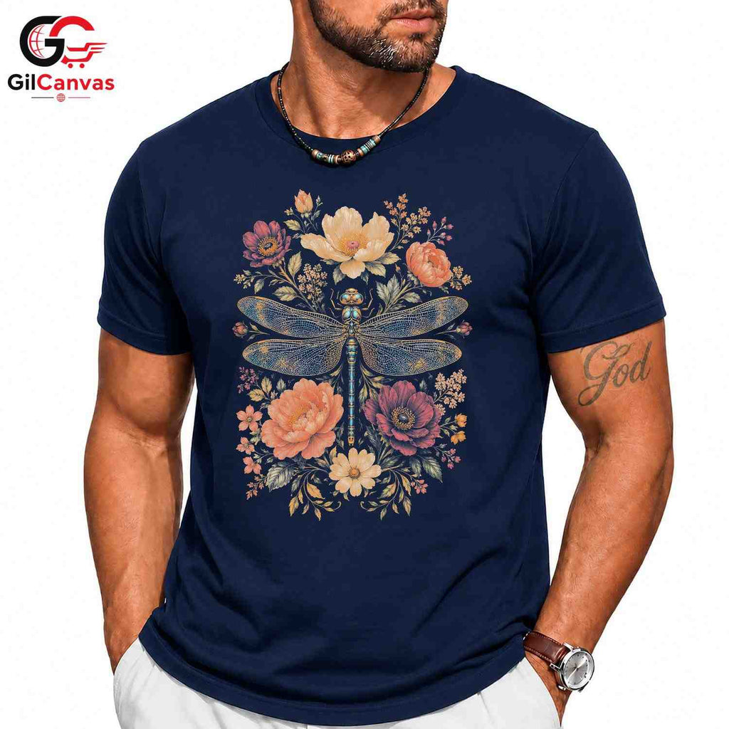 Floral Dragonfly T-Shirt Spring Fashion Garden Party Eco Friendly Women Tee