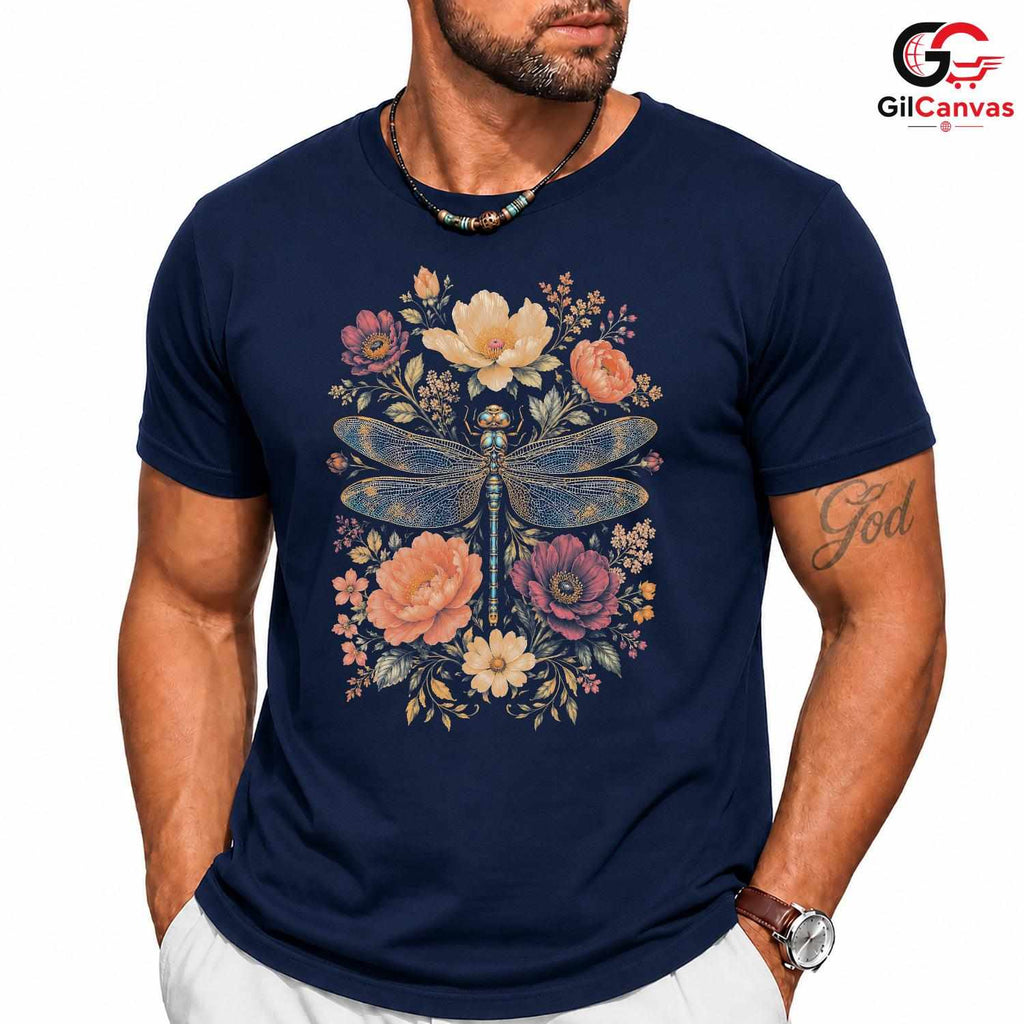 Floral Dragonfly T-Shirt Spring Fashion Garden Party Eco Friendly Women Tee