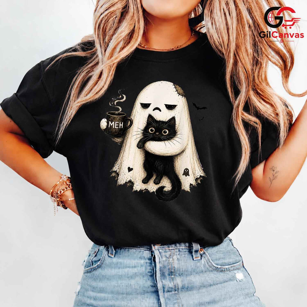Grumpy Ghost Black Cat Mug T-Shirt Unisex Funny Spooky Autumn Gift For Lovers