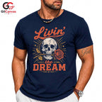 Living The Dream Skull Tee Gothic Style Halloween Casual Wear Unisex Apparel