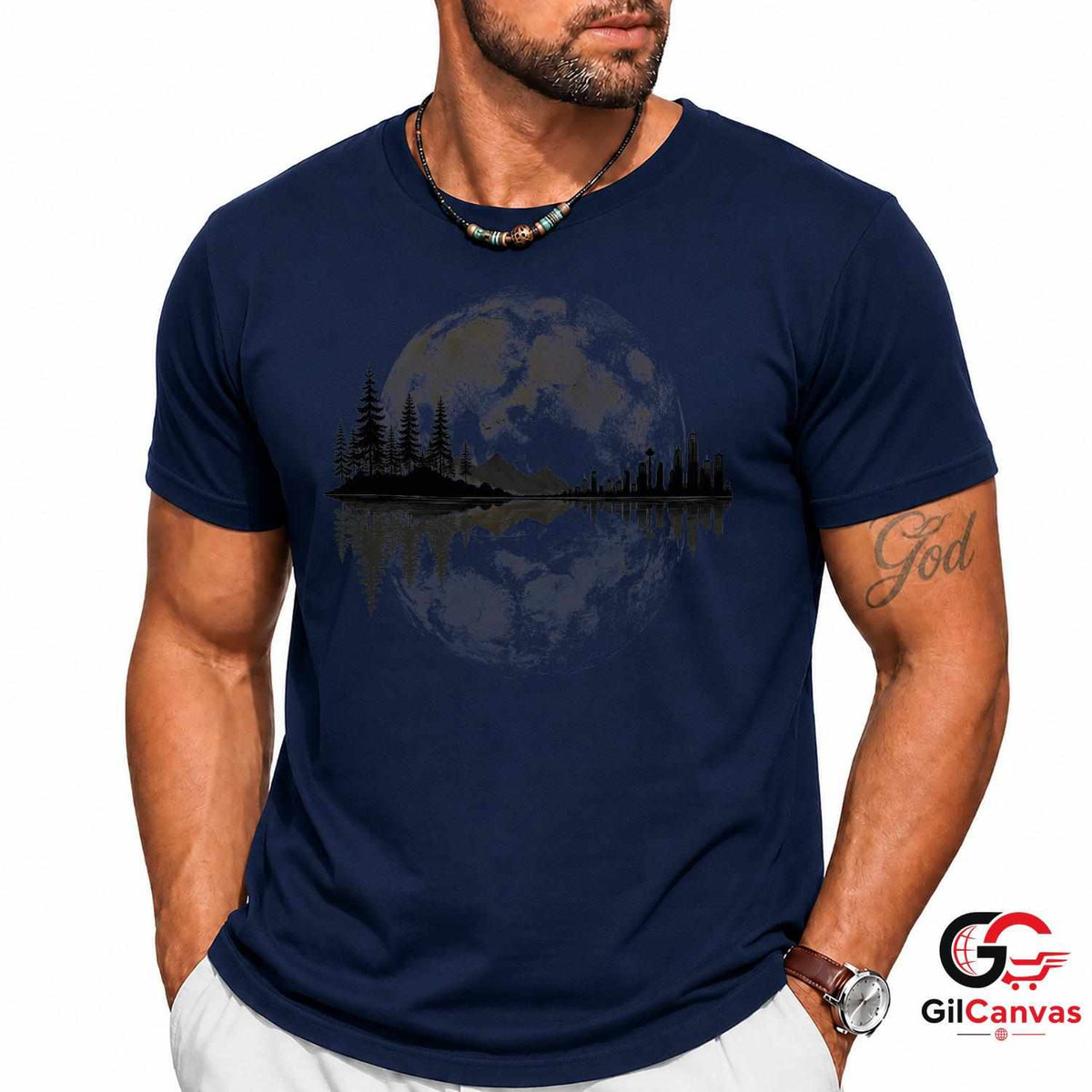 Moonlit City Forest Skyline T-Shirt Scenic Night Sky Unisex Graphic Apparel Tee