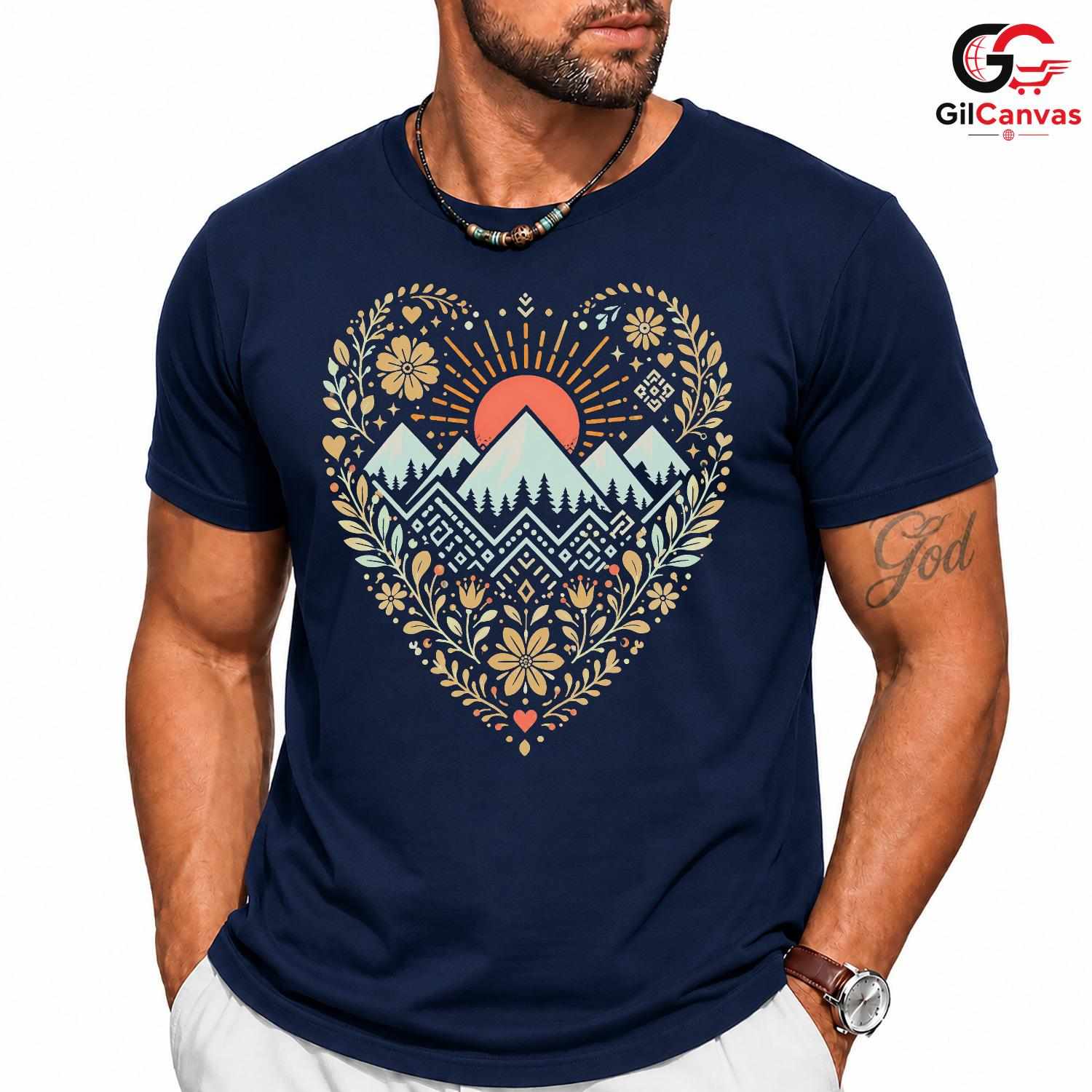 Mountain Sunset Floral T-Shirt Nature Hiking Camping Unisex Outdoor Graphic Tee