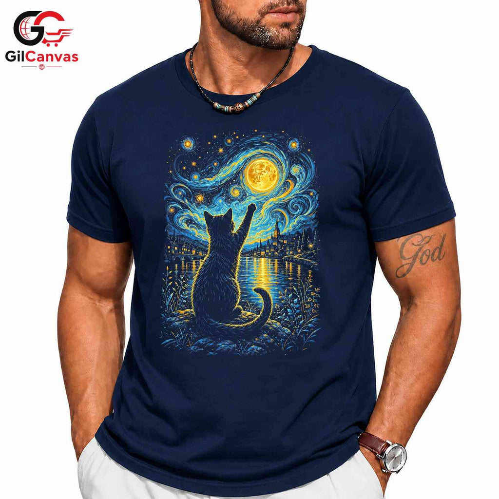 Night Sky Cat Graphic T-Shirt Moon Stars Design Perfect Gift Women Men Shirt