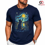 Night Sky Cat Graphic T-Shirt Moon Stars Design Perfect Gift Women Men Shirt