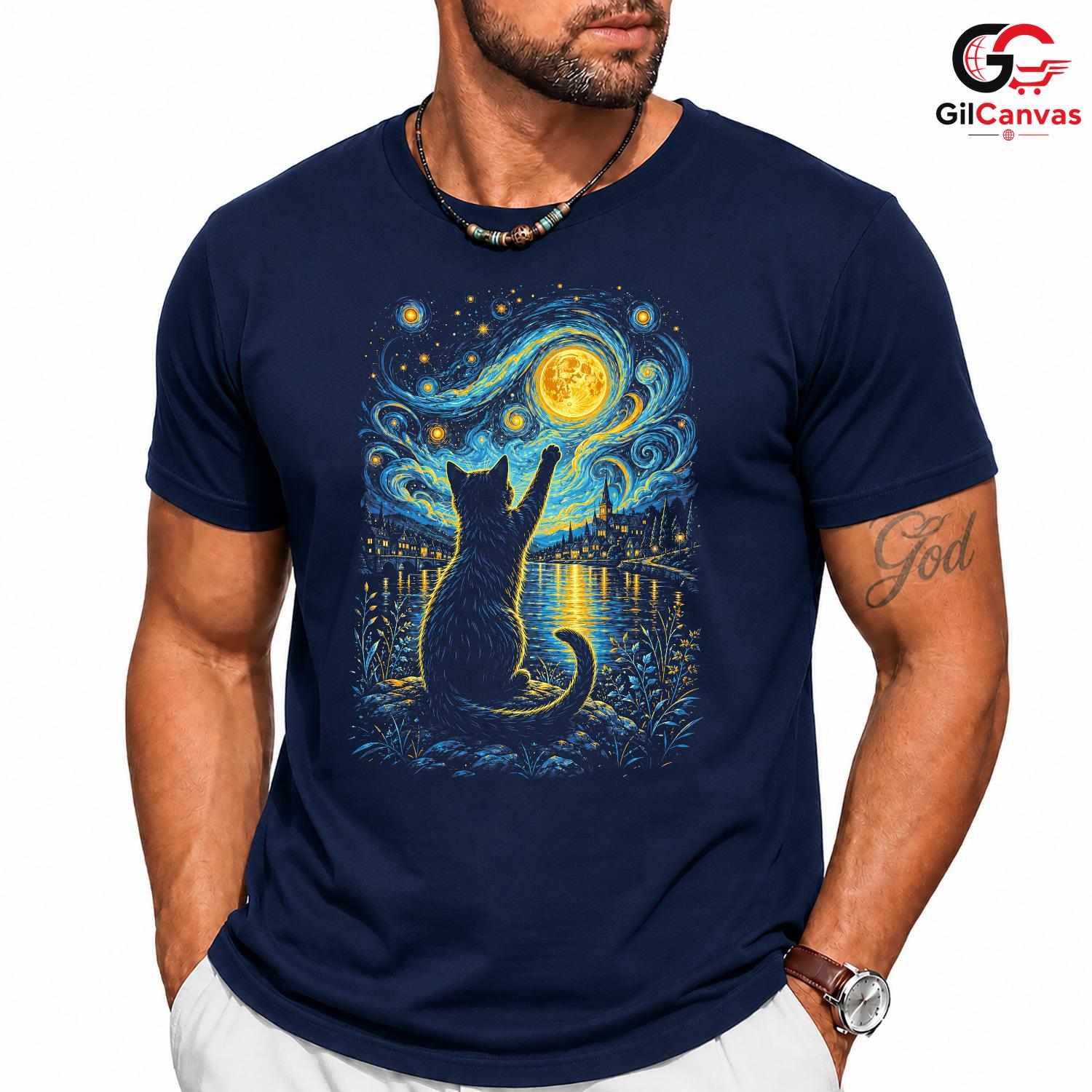 Night Sky Cat Graphic T-Shirt Moon Stars Design Perfect Gift Women Men Shirt