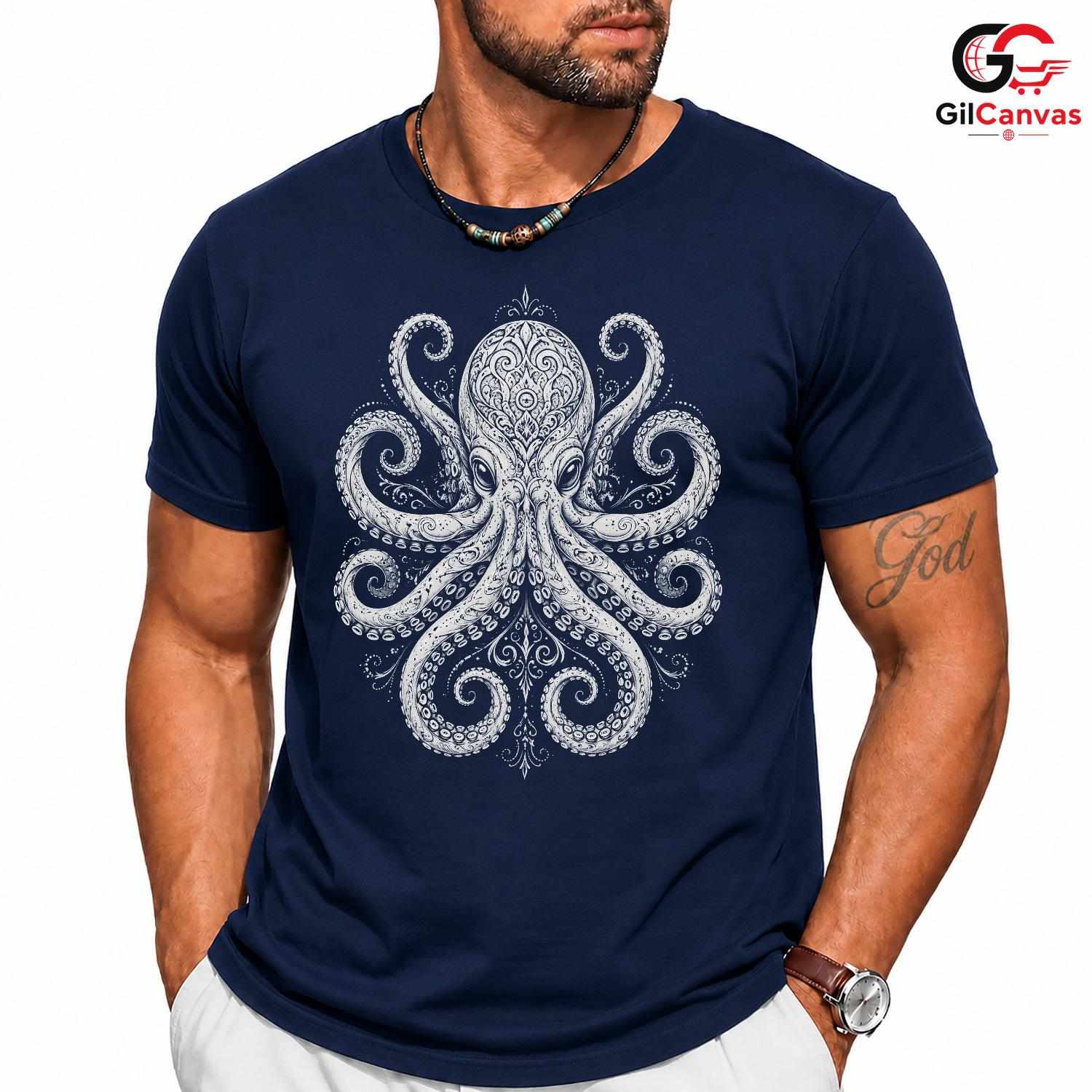 Ornate Tribal Octopus T-Shirt Marine Life Nautical Unisex Cephalopod Gift Tee
