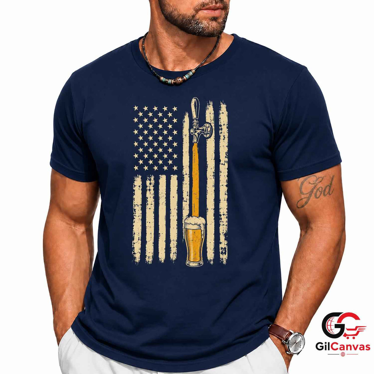 Patriotic Beer Drinking Flag T-Shirt Independence Day Unisex Graphic Apparel Tee