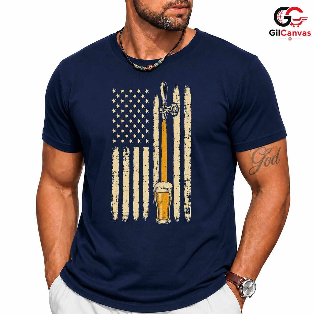 Patriotic Beer Drinking Flag T-Shirt Independence Day Unisex Graphic Apparel Tee