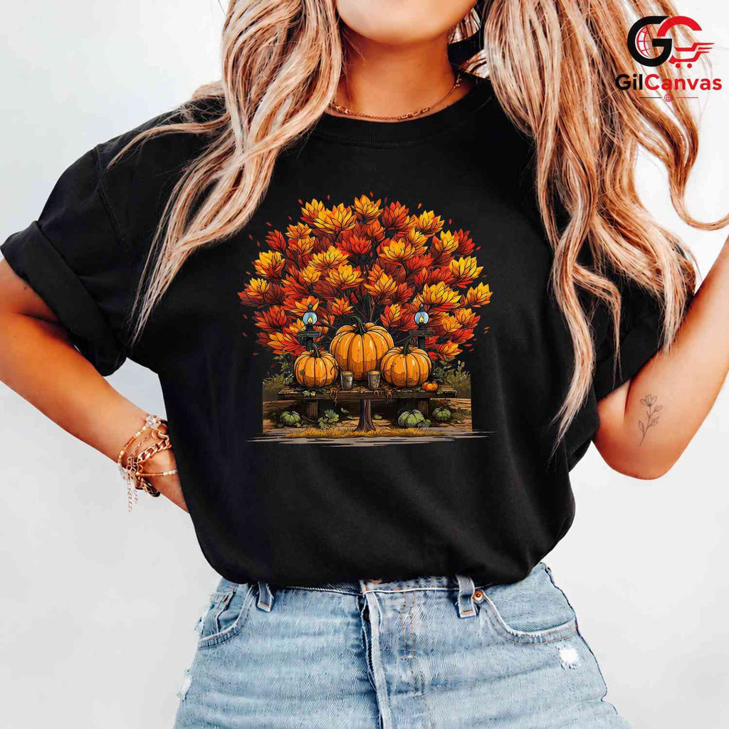 Pumpkin Fall Leaves T-Shirt Unisex Spooky Halloween Celebration Gift Kids