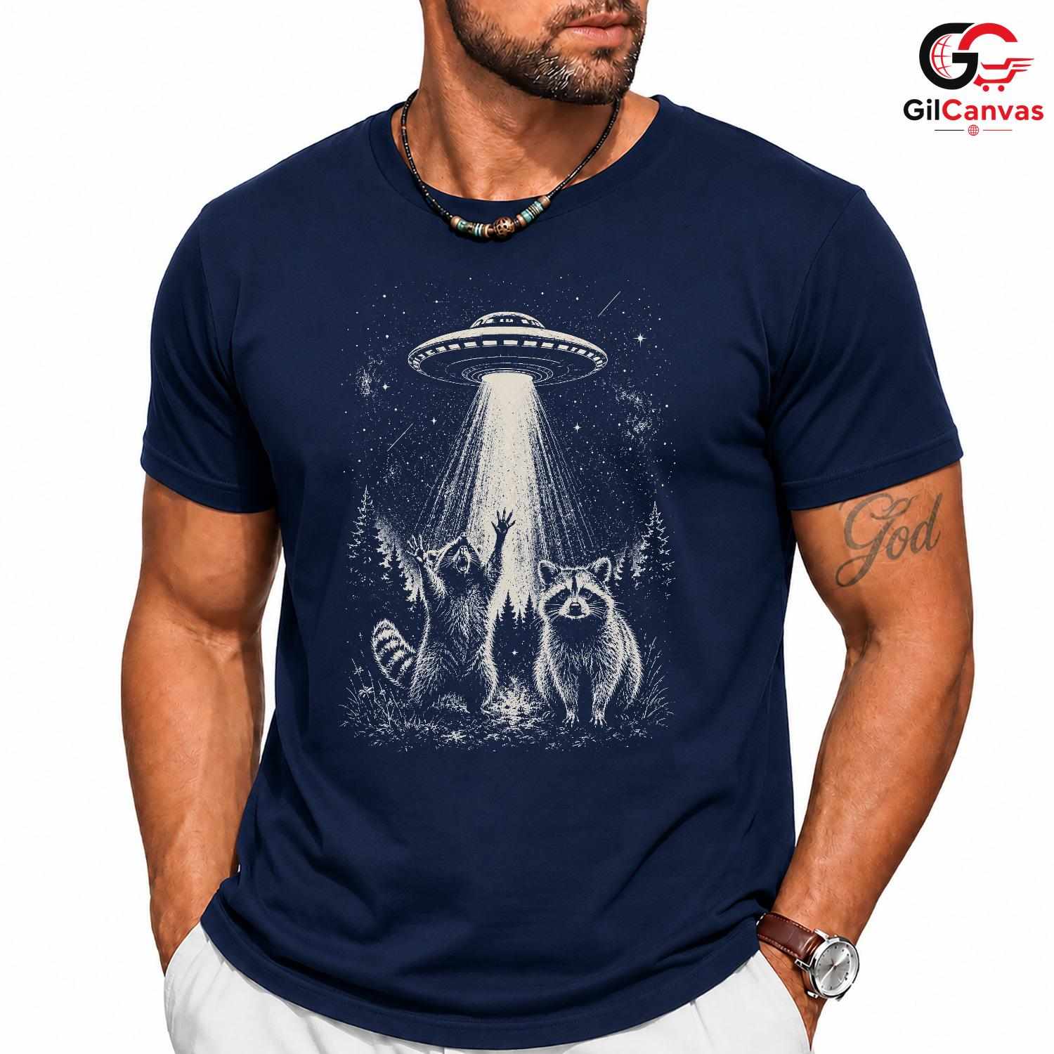 Raccoon Alien Abduction Shirt Spooky Space Forest Unisex Halloween Graphic Tee