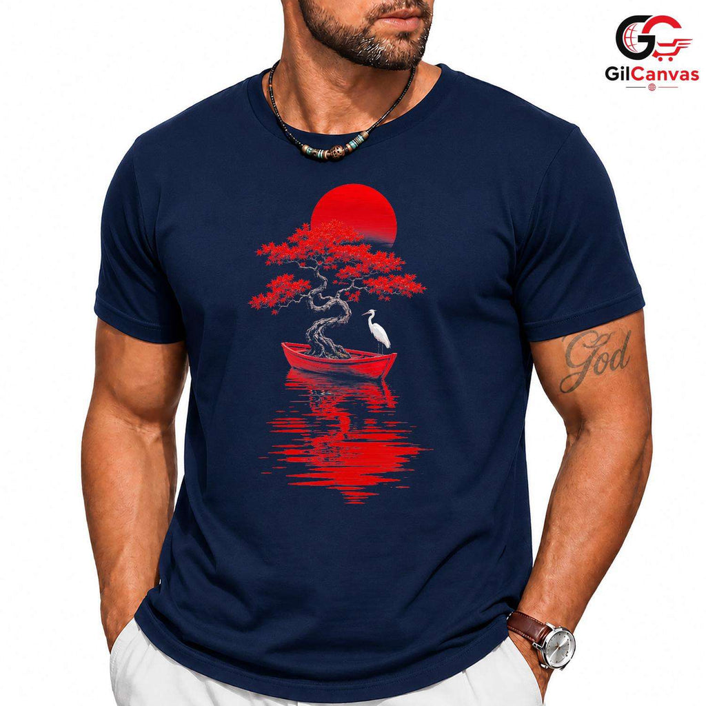 Red Sun Bonsai Tree T-Shirt Asian Art Nature Lover Unisex Graphic Apparel
