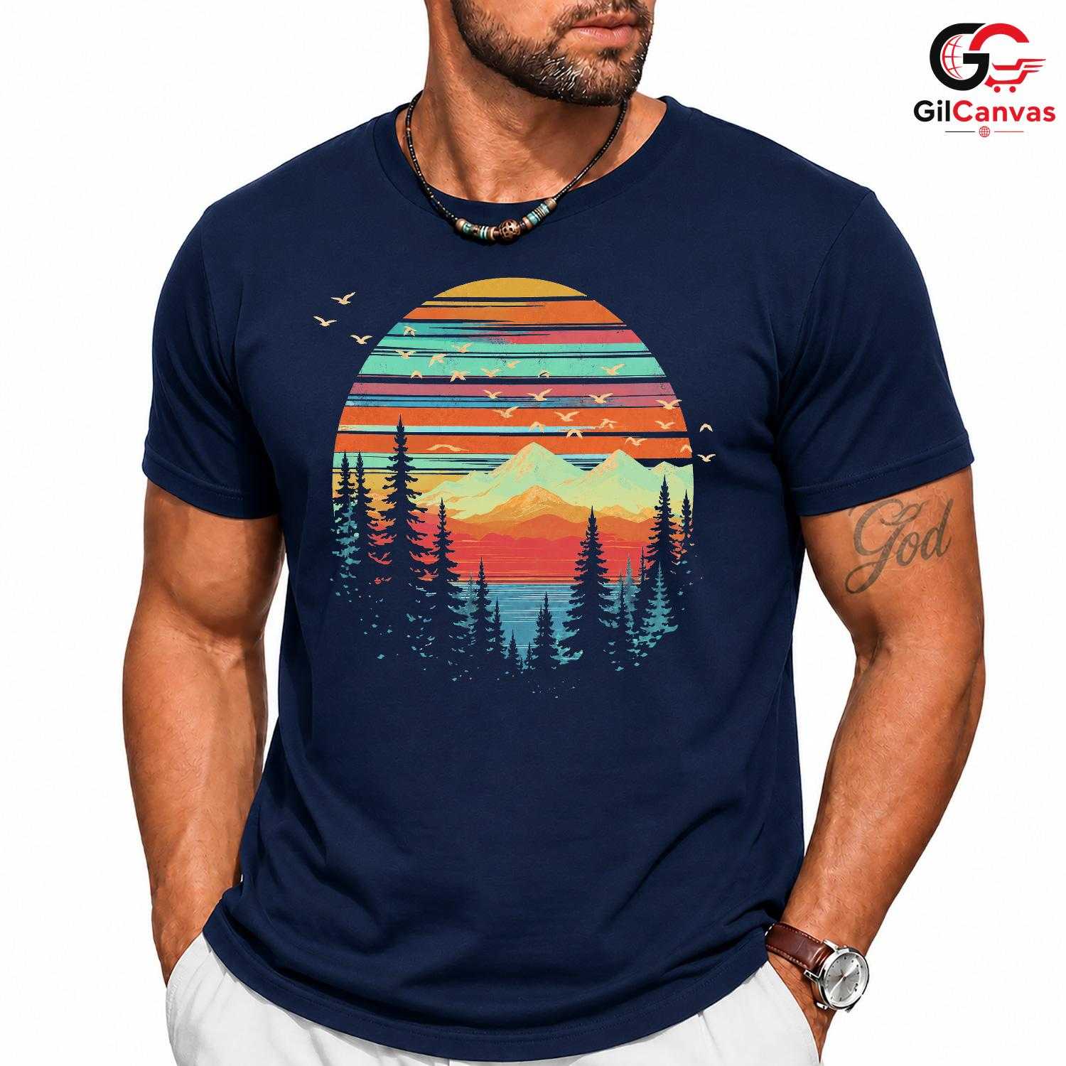 Retro Mountain Lake T-Shirt Sunset Nature Hiking Unisex Outdoor Camping Apparel