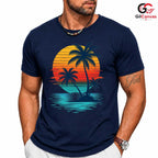 Retro Sunset Palm Tree T-Shirt Island Beach Vacation Unisex Ocean Holiday Tee