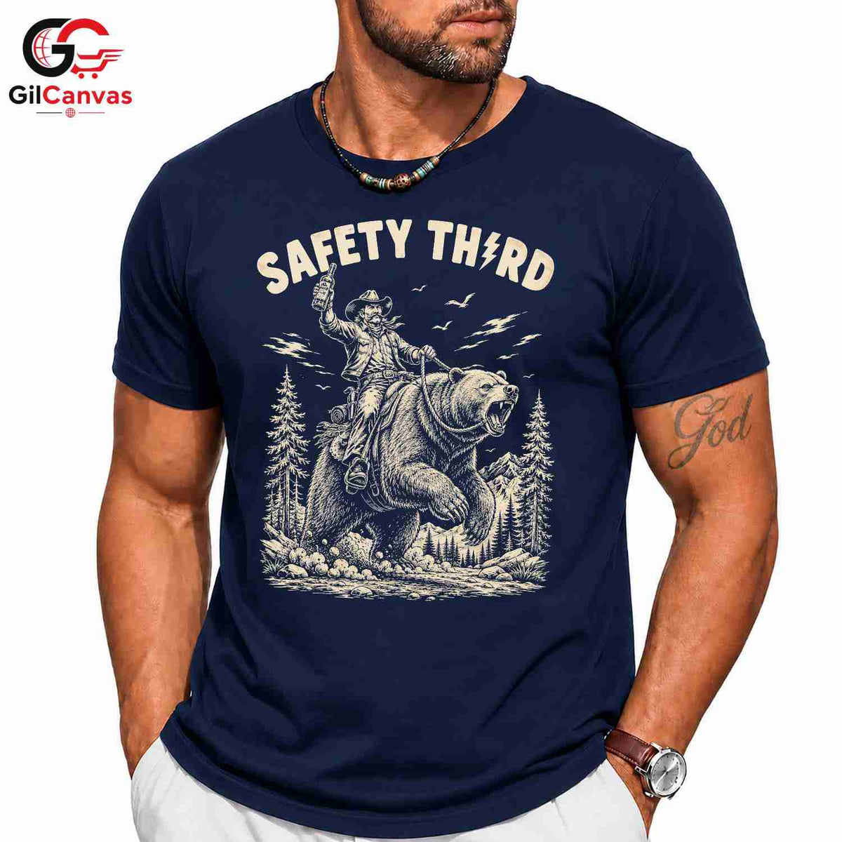 Safety Third Bear T-Shirt Cowboy Outdoor Enthusiast Adventure Graphic Unisex
