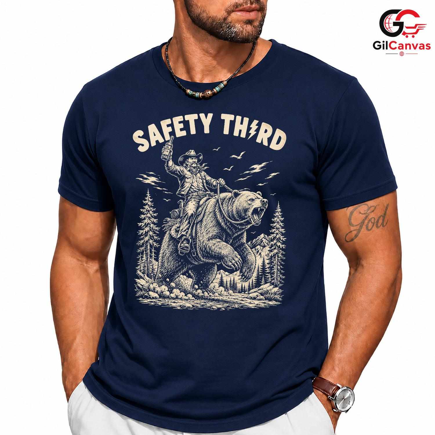 Safety Third Bear T-Shirt Cowboy Outdoor Enthusiast Adventure Graphic Unisex