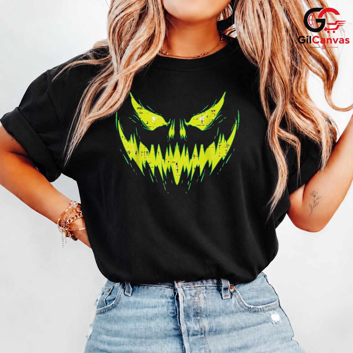 Scary Jack O Lantern Face Tee Shirt Unisex Spooky Trick Or Treat Party Costume