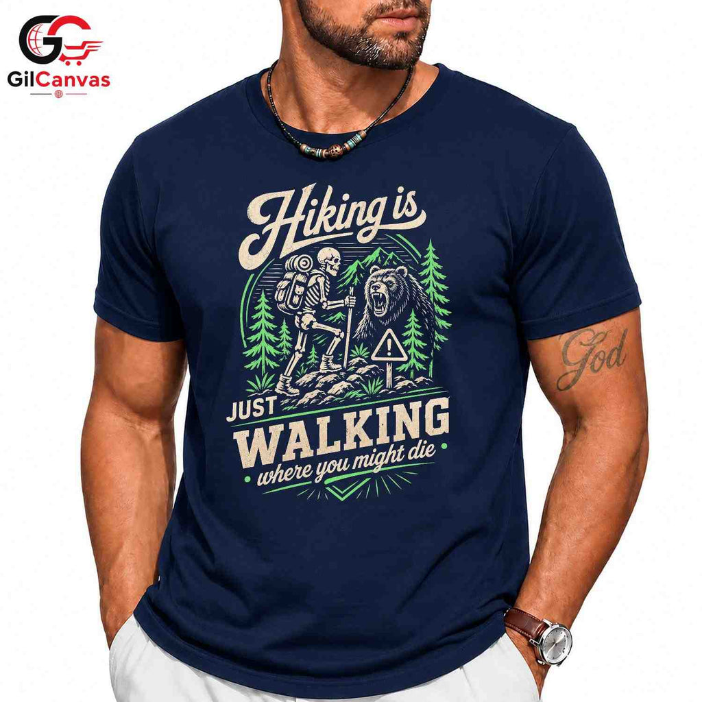 Skeleton Bear Hiking T-Shirt Men Women Outdoor Adventure Trail Hiker Graphic Shirt