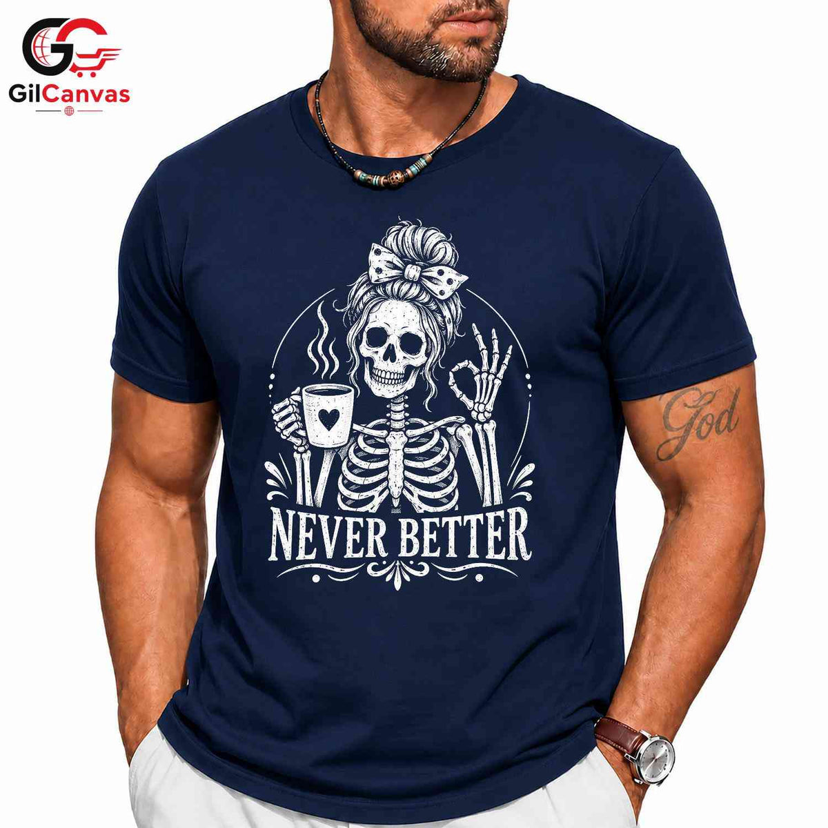 Skeleton Coffee Graphic Tee Never Better Halloween Fun Unique Unisex Apparel