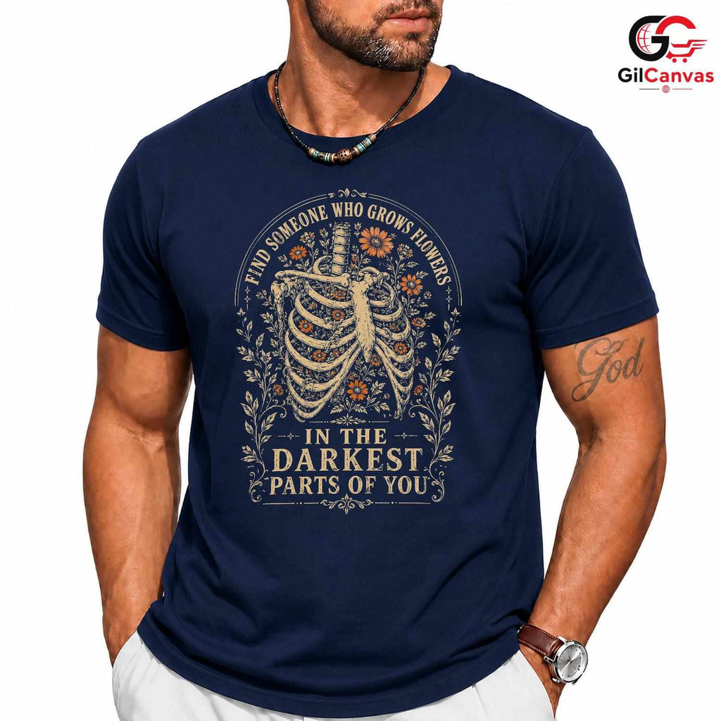 Skeleton Ribcage Floral T-Shirt Gothic Anatomy Graphic Unisex Casual Apparel