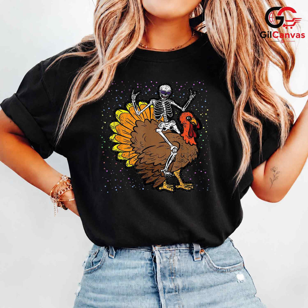 Skeleton Riding Turkey T-Shirt Unisex Funny Thanksgiving Holiday Gift Adult