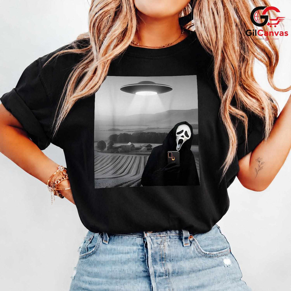 Slasher Movie Mask Alien Tee Shirt Unisex Funny Spooky Horror Abduction Gift