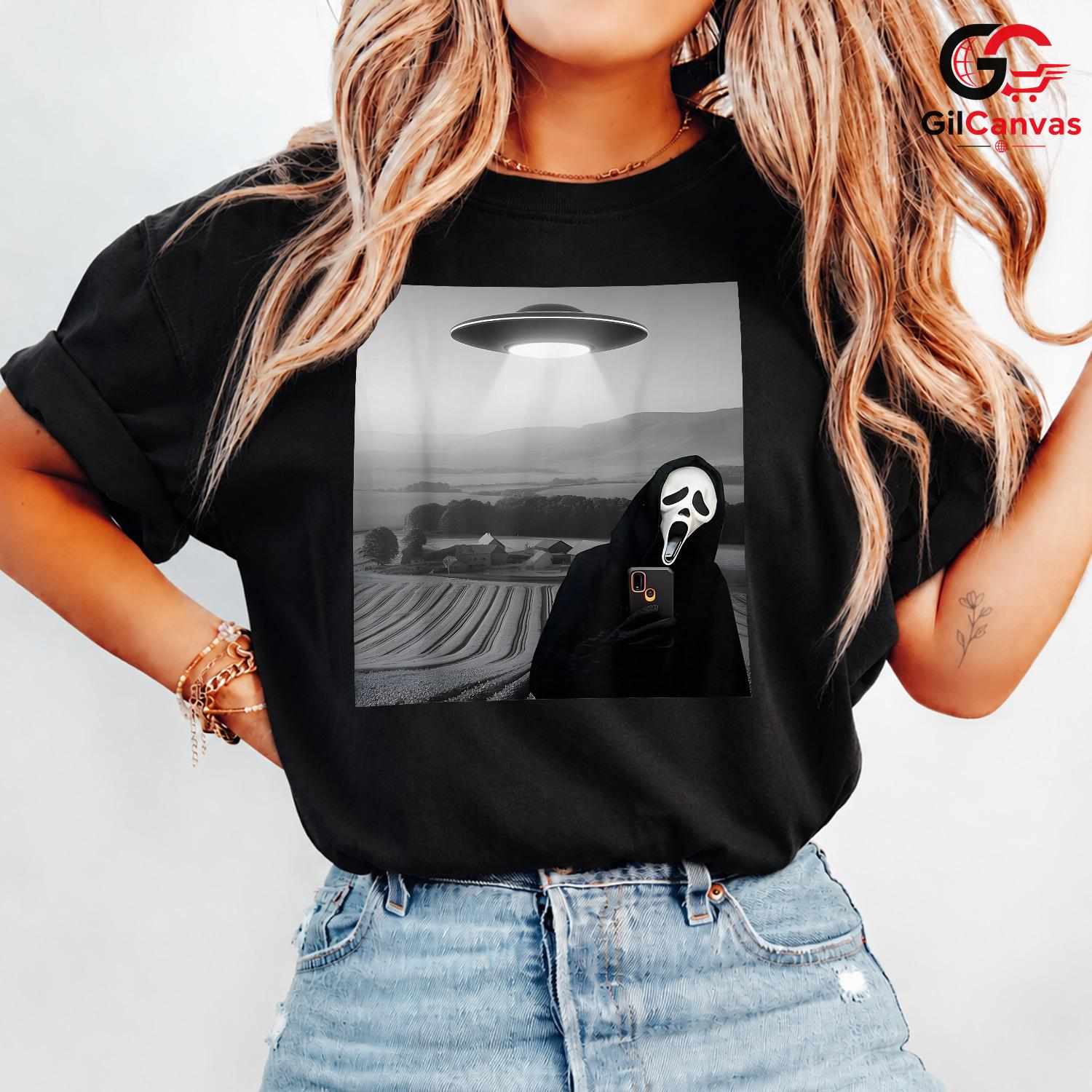 Slasher Movie Mask Alien Tee Shirt Unisex Funny Spooky Horror Abduction Gift