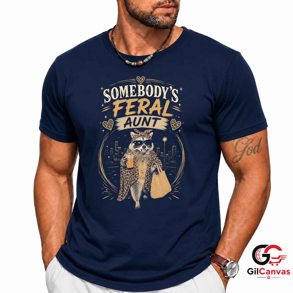 Somebodys Feral Aunt Raccoon T-Shirt Sassy Leopard Print Unisex Graphic Apparel
