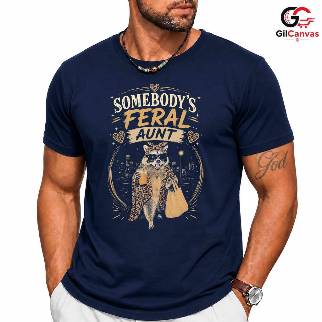 Somebodys Feral Aunt Raccoon T-Shirt Sassy Leopard Print Unisex Graphic Apparel