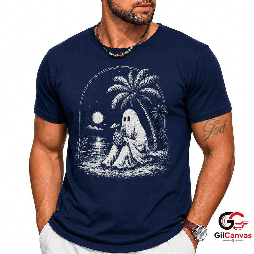 Spooky Beach Vacation Ghost T-Shirt Tropical Halloween Unisex Graphic Apparel Tee