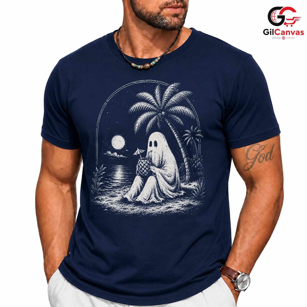 Spooky Beach Vacation Ghost T-Shirt Tropical Halloween Unisex Graphic Apparel Tee