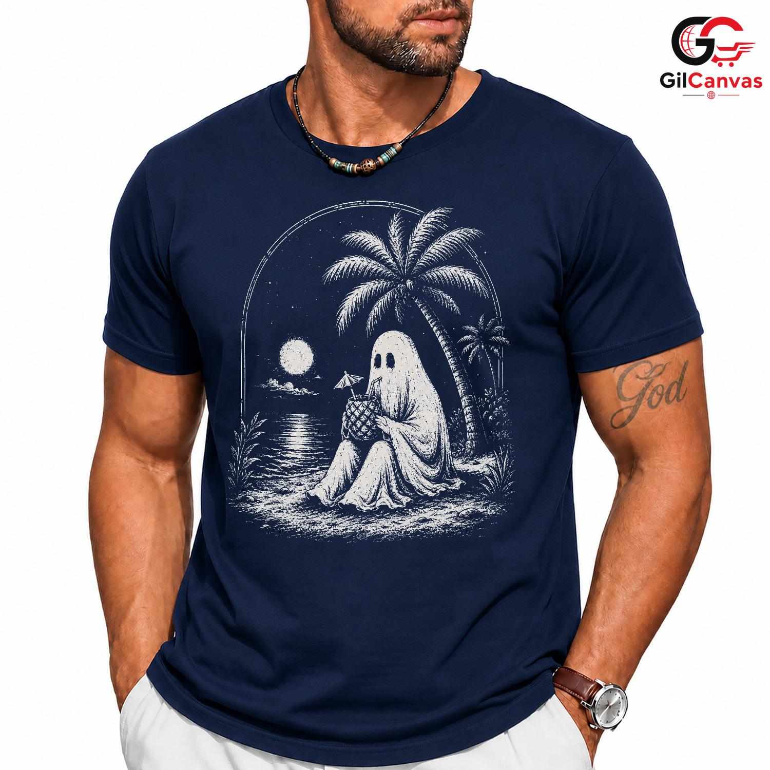 Spooky Beach Vacation Ghost T-Shirt Tropical Halloween Unisex Graphic Apparel Tee